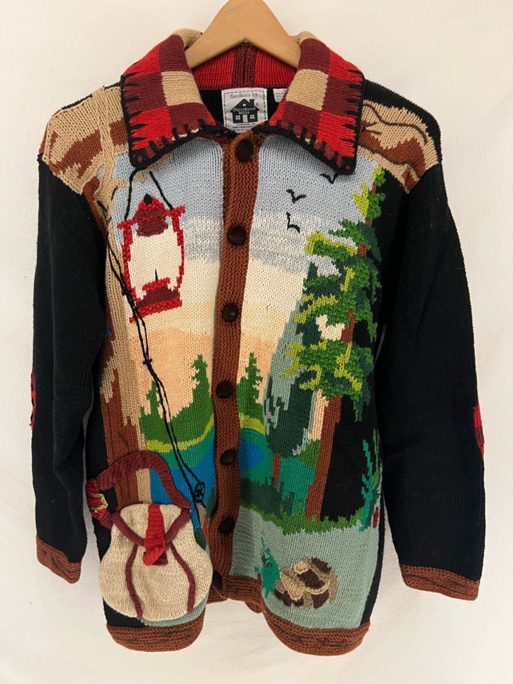 Vintage Storybook Knits Fishing Cardigan Sweater Cabin Lake Fishing Size S
